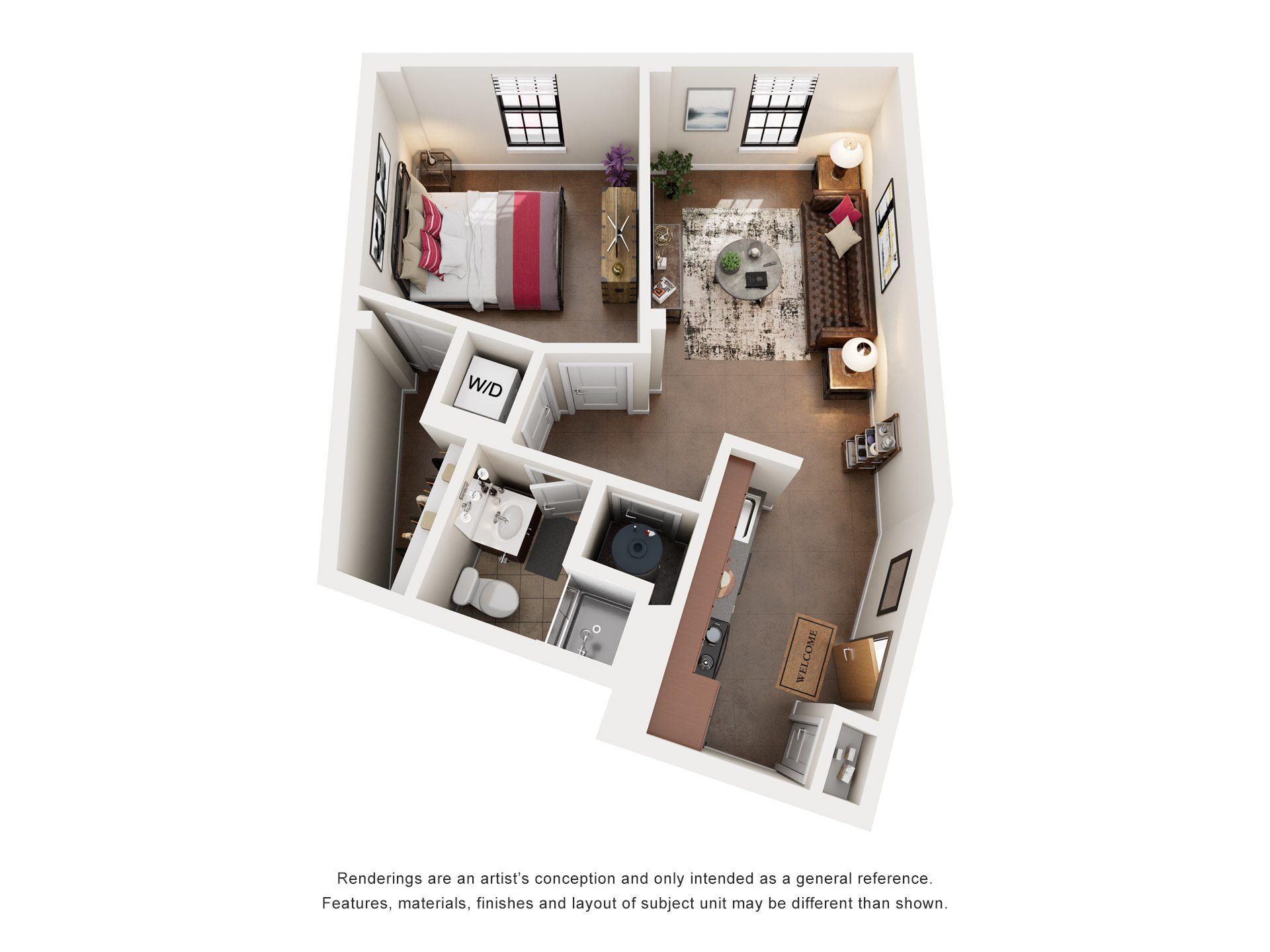 Floor plan for 1 bed, 1 bath, 699 sqft